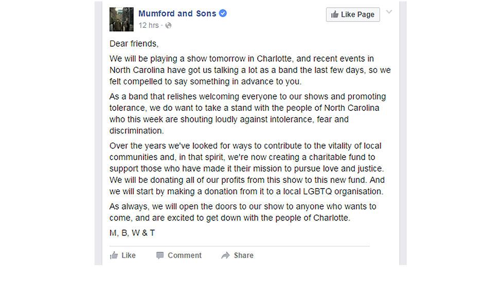Mumford and Sons Facebook post - they say they will donate profits from their show to a LGBTQ organisation
