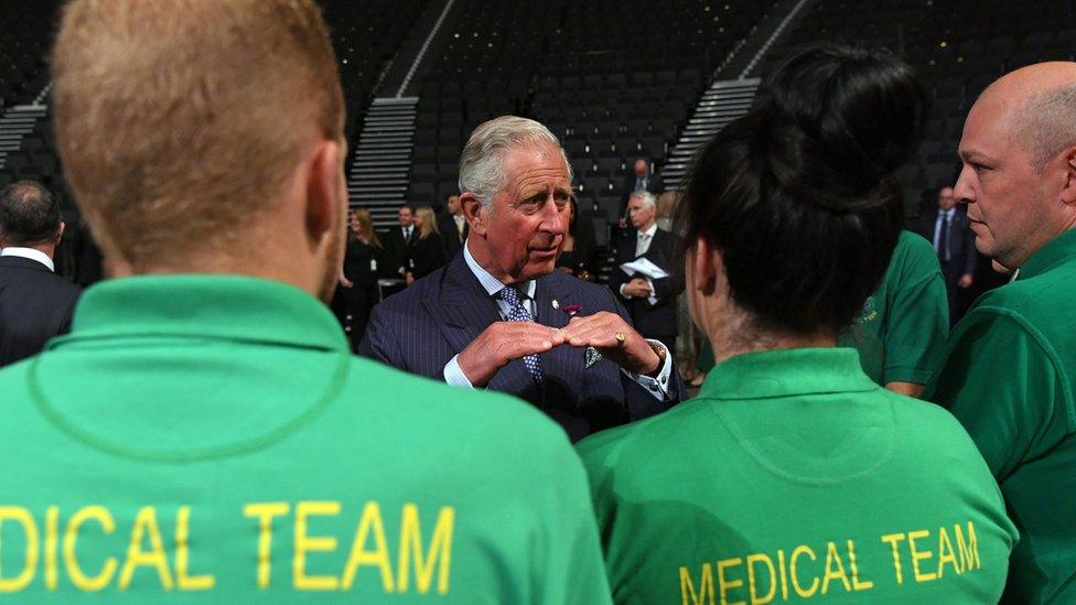 The Prince of Wales meets medical and security staff at the Manchester Arena who helped the victims