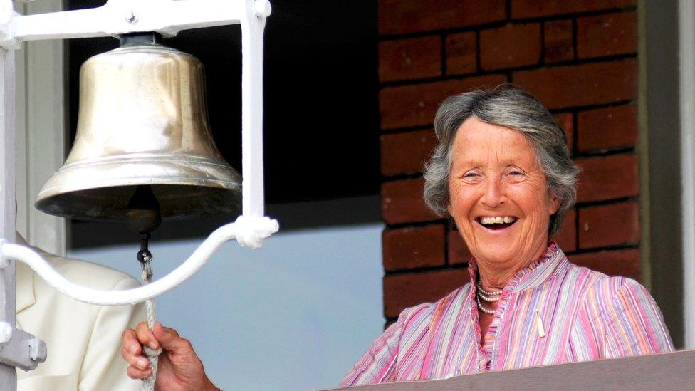 Rachael Heyhoe Flint ringing the five-minute bell at Lord's in 2010