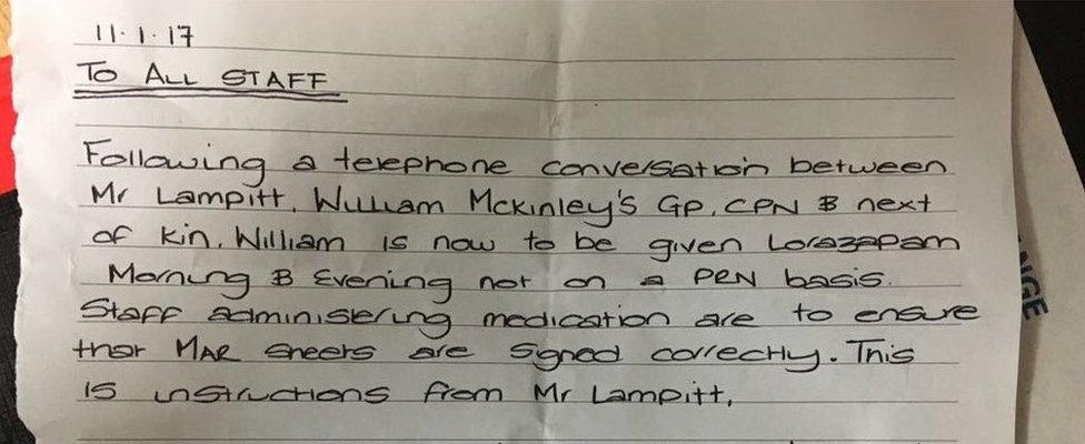 The note in the Latimer Grange medication book about William McKinlay's medication