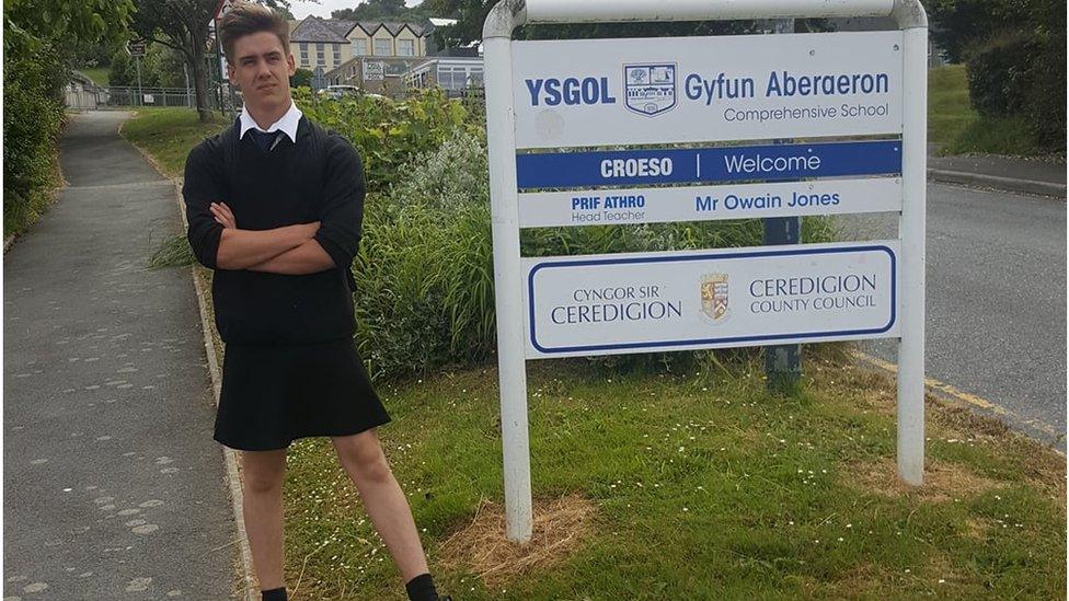 A male sixth-form student, Louis Fice, wearing a skirt.