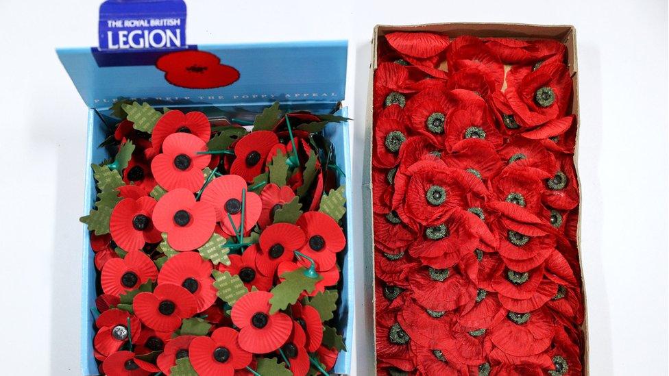 A box of new poppies next to the ones found by Bernie Axtell