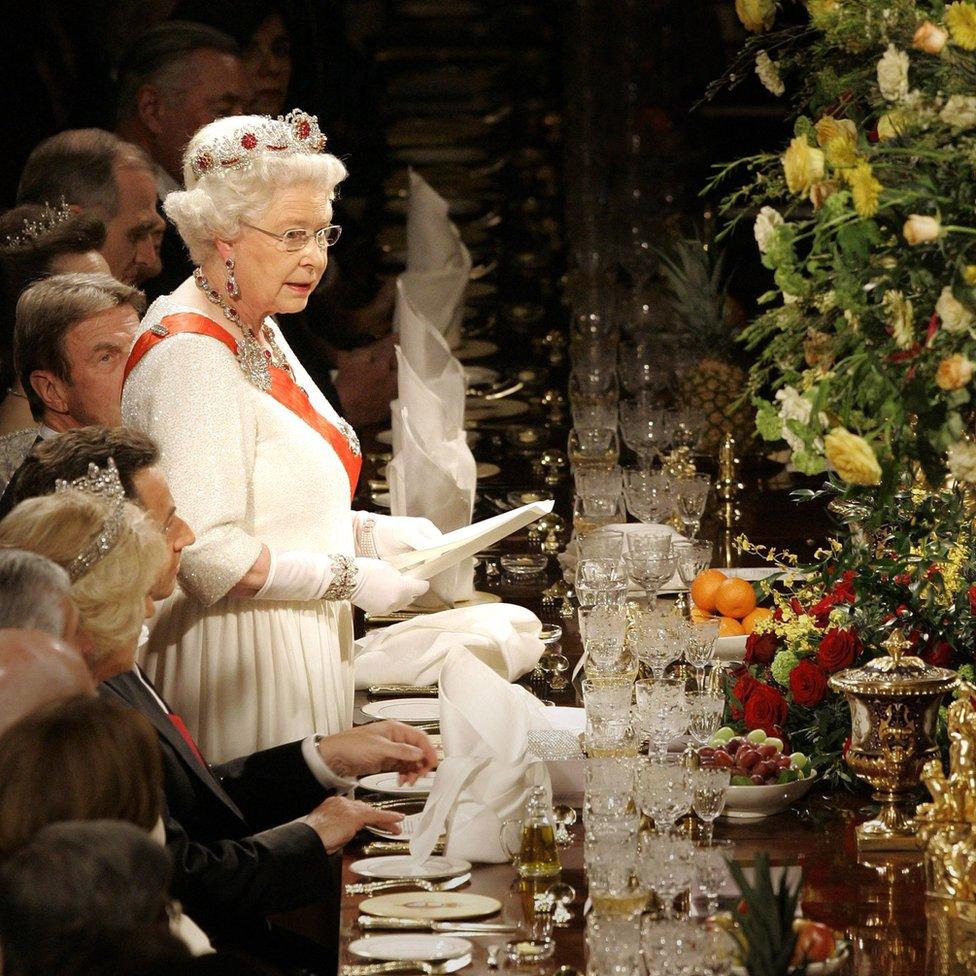 Queen Elizabeth II speaking at a state banquet at Windsor Castle at the start of a two-day state visit by President Sarkozy