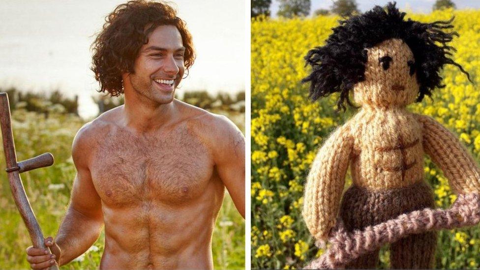 Ross Poldark topless holding a scythe, next to a knitted version