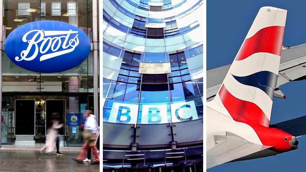 A composite image showing Boots, BBC and British Airways logos