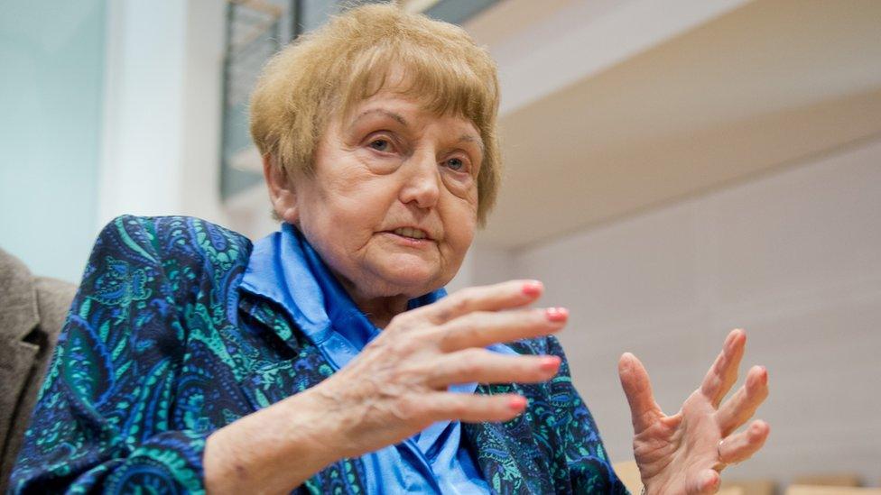 Eva Kor attends the trial of former Nazi death camp officer Oskar Groening on April 21, 2015 in Lueneburg, northern Germany