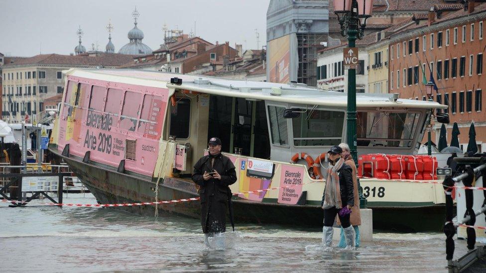 A vaporetto boat trapped along the Riva dell'Arsenale