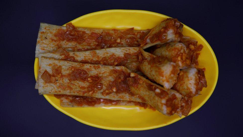 A photo illustration shows "Injogogibab", which means rice with textured vegetable protein, at a North Korean food store run by North Korean defector Hong Eun-hye in Seoul, South Korea, 28 September 2017.