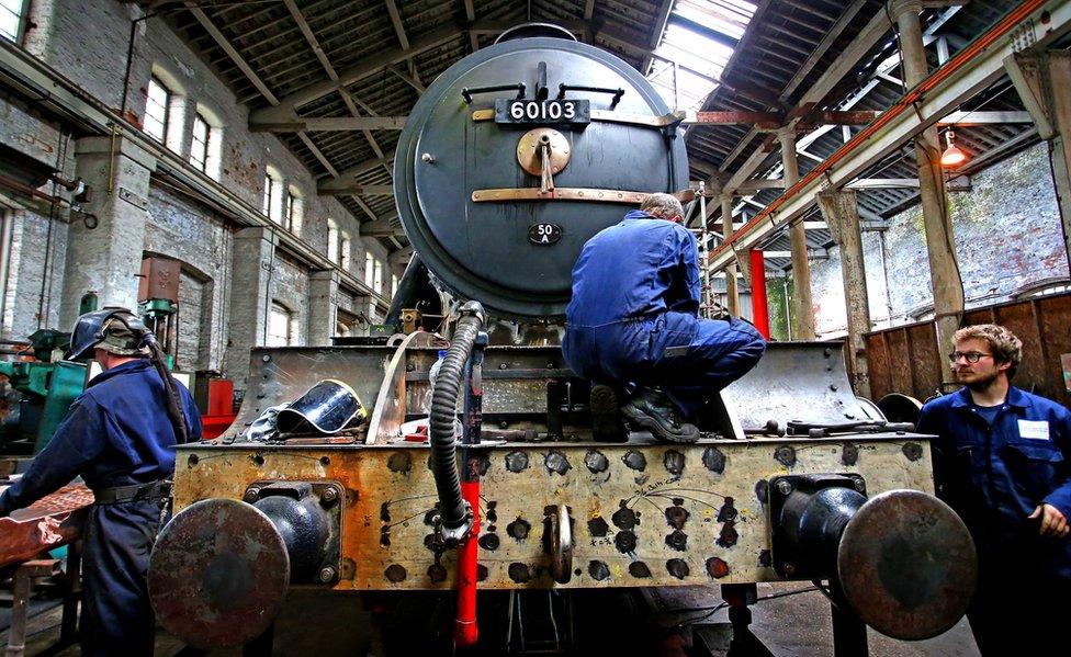 The Flying Scotsman in an engine shed in Bury