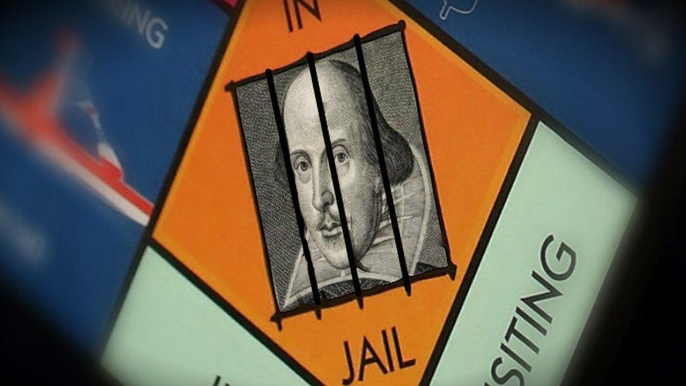 A composite image showing Shakespeare inside the Monopoly 'jail' square