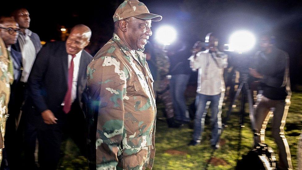 South African President Cyril Ramaphosa arrives at Diepkloof Army Base to address soldiers prior to their deployment in Johannesburg, 26 March 2020