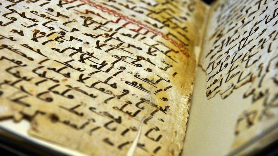 A Koran manuscript believed to date back to the 7th Century on display at the University of Birmingham, 22 July 2015 (AFP)