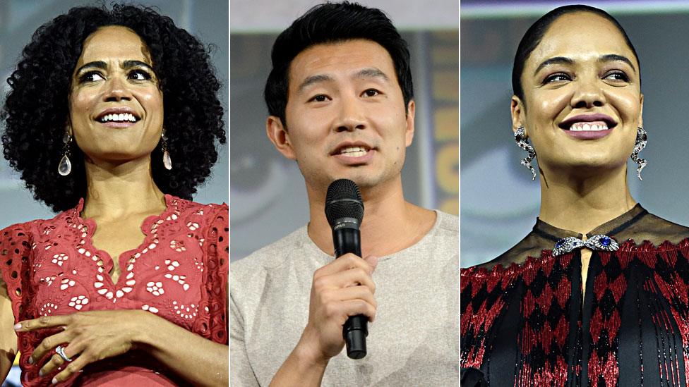 Lauren Ridloff, Simu Liu and Tessa Thompson