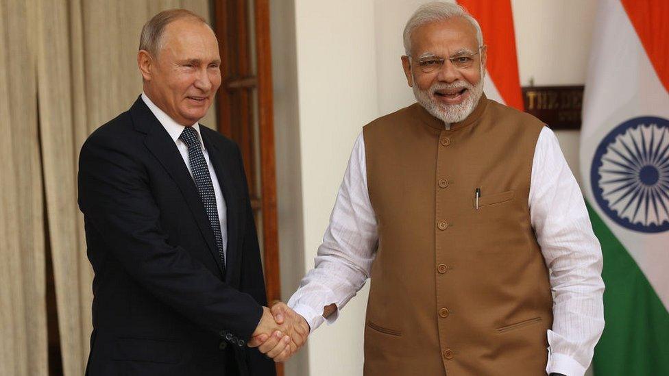 President Vladimir Putin with Prime Minister Narendra Modi during a visit to Delhi in 2018