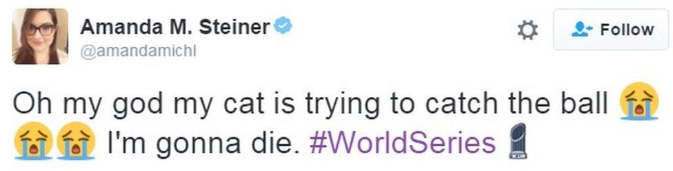 "Oh my god my cat is trying to catch the ball 😭😭😭 I'm gonna die. #WorldSeries"