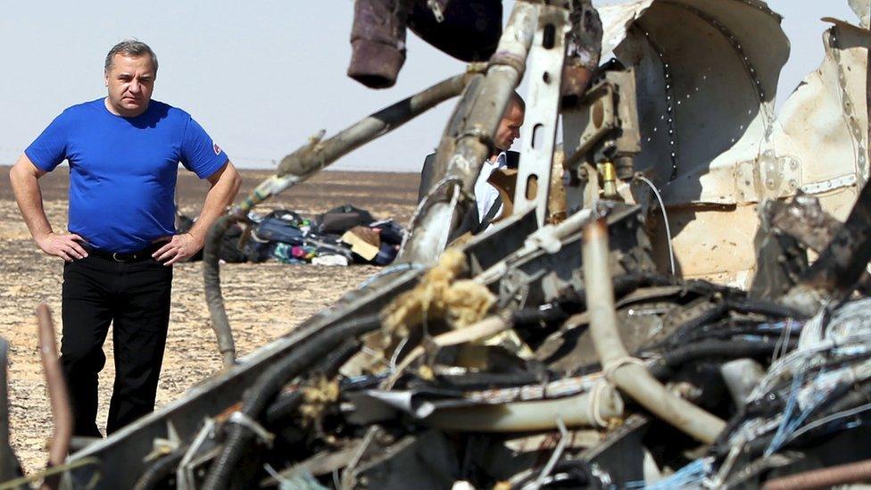 Russian Emergencies Minister Vladimir Puchkov looks at debris from a Russian airliner at its crash site 01 November 2015.