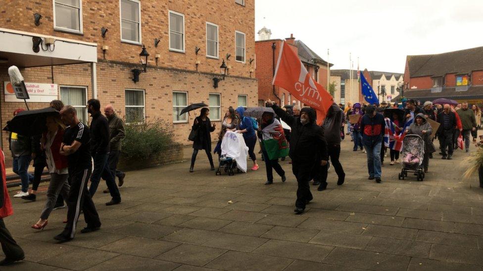 Protestors marching in Wrexham