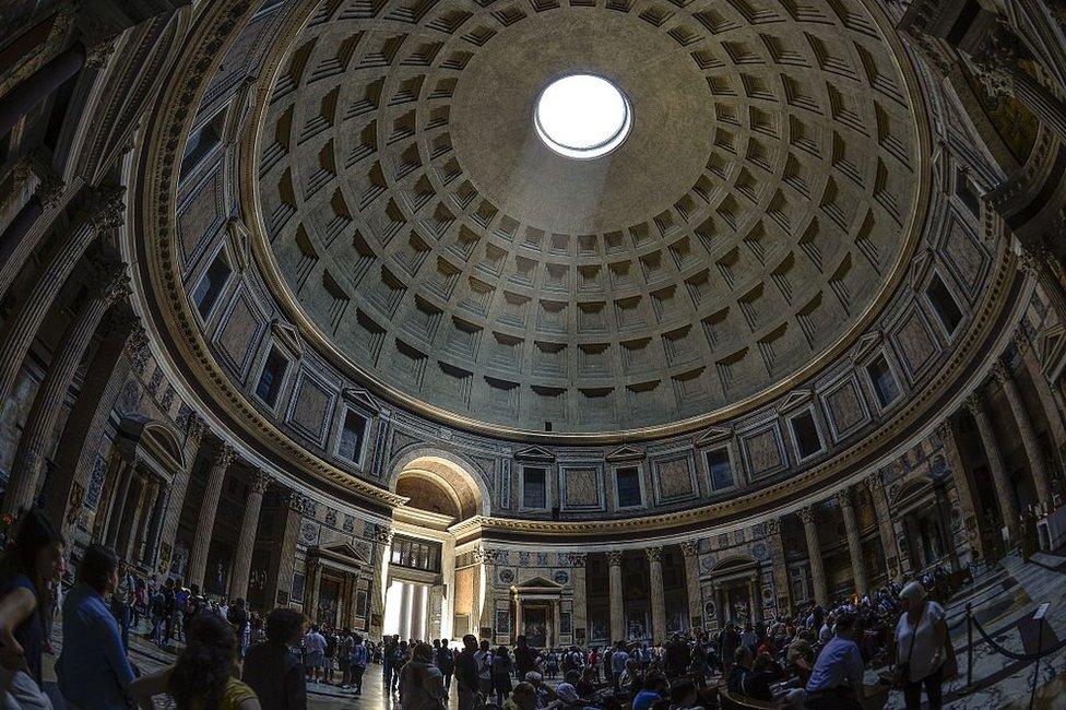 Sunlight illuminates the dome of the Pantheon in Rome