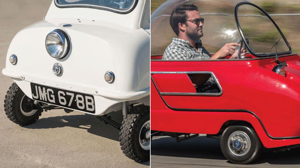 A white P50 three-wheeler and a red Peel Trident