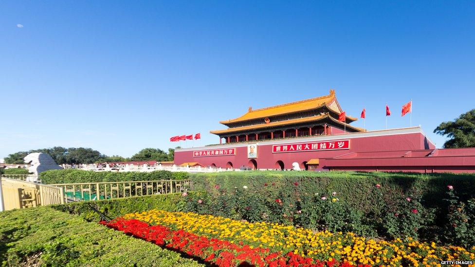 Tiananmen square is seen below blue skies after heavy smog clears on October 13, 2014 in Beijing, China