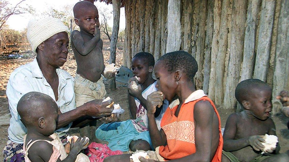 A Zimbabwean grandmother hands out bread to her family