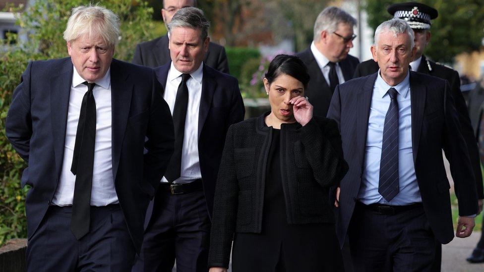 Commons Speaker Sir Lindsay Hoyle joined Prime Minister Boris Johnson, Labour leader Sir Keir Starmer and Home Secretary Priti Patel as they laid floral tributes to Sir David Amess at Belfairs Methodist Church, in Leigh-on-Sea, where he was fatally stabbed.