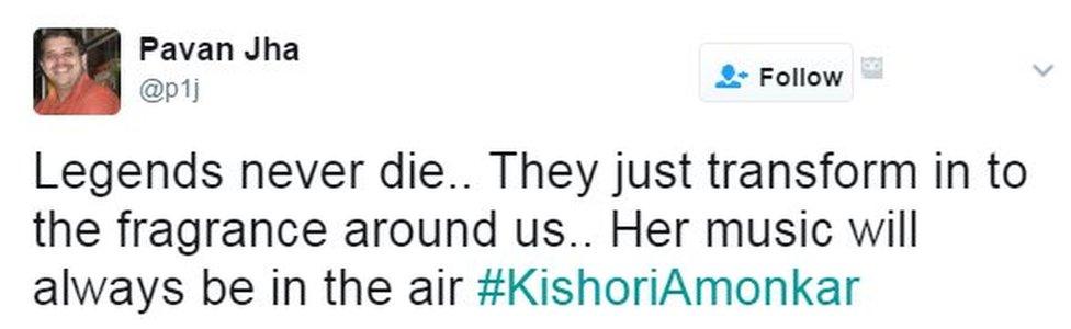 Legends never die.. They just transform in to the fragrance around us.. Her music will always be in the air #KishoriAmonkar