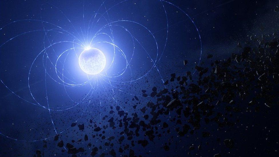 An artist’s impression of the magnetic white dwarf WD 0816-310 with a metal scar