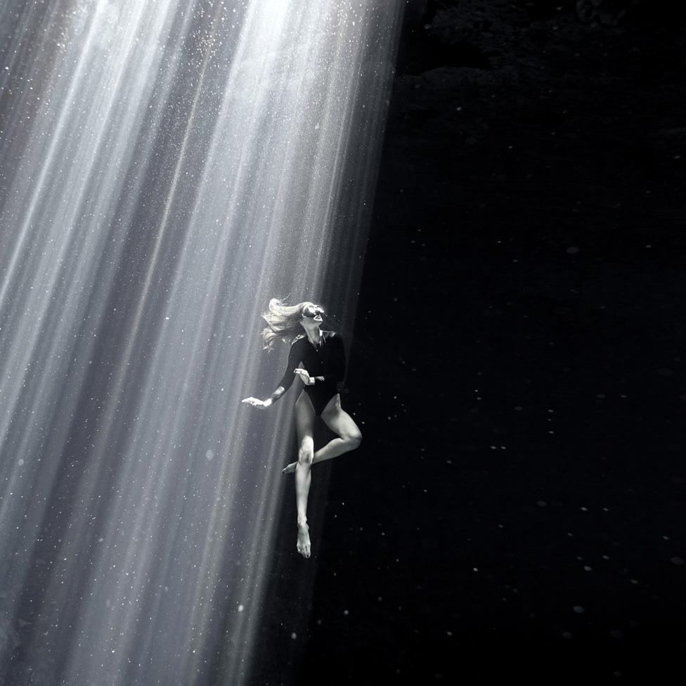 Flavia Eberhard diving in the Yucatan Peninsula, Mexico.