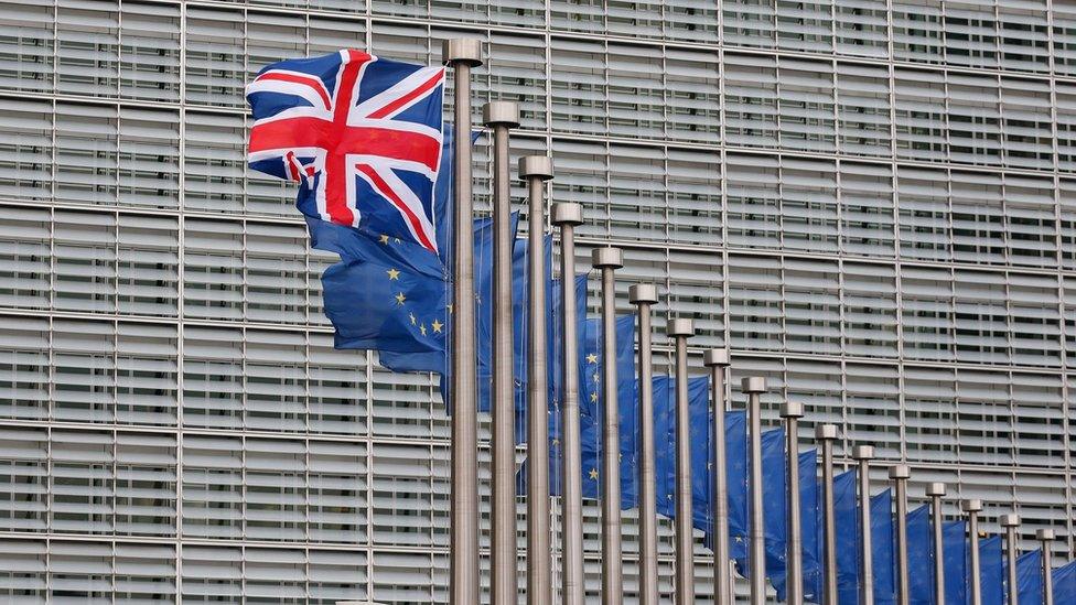 The union flag flying next to a row of EU flags