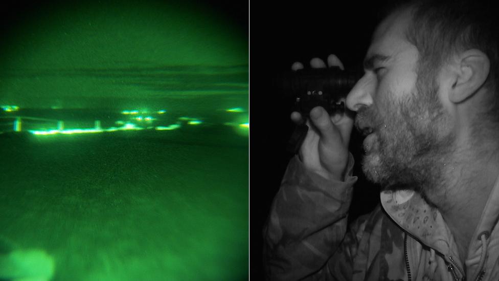 View through night-vision equipment and Jay Tiernan