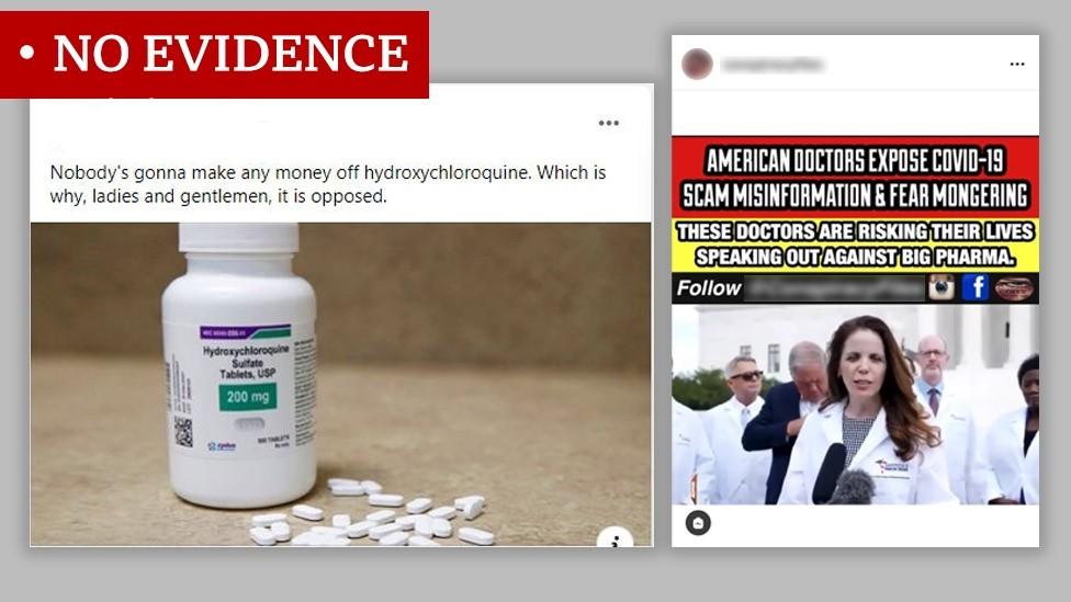 Two memes blaming "Big Pharma" for blocking the introduction of hydroxychloroquine. We labelled the graphic "no evidence"