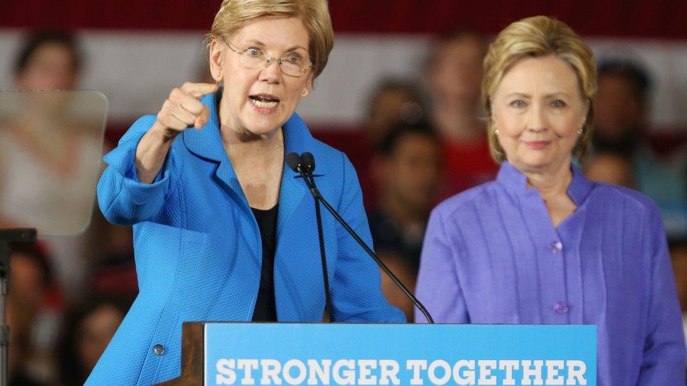 Democratic presidential nominee Hillary Clinton (R) listens to Senator Elizabeth Warren, D-Massachusetts, (R) during a campaign stop at the Cincinnati Museum Center in Cincinnati, Ohio USA, 27 June 2016