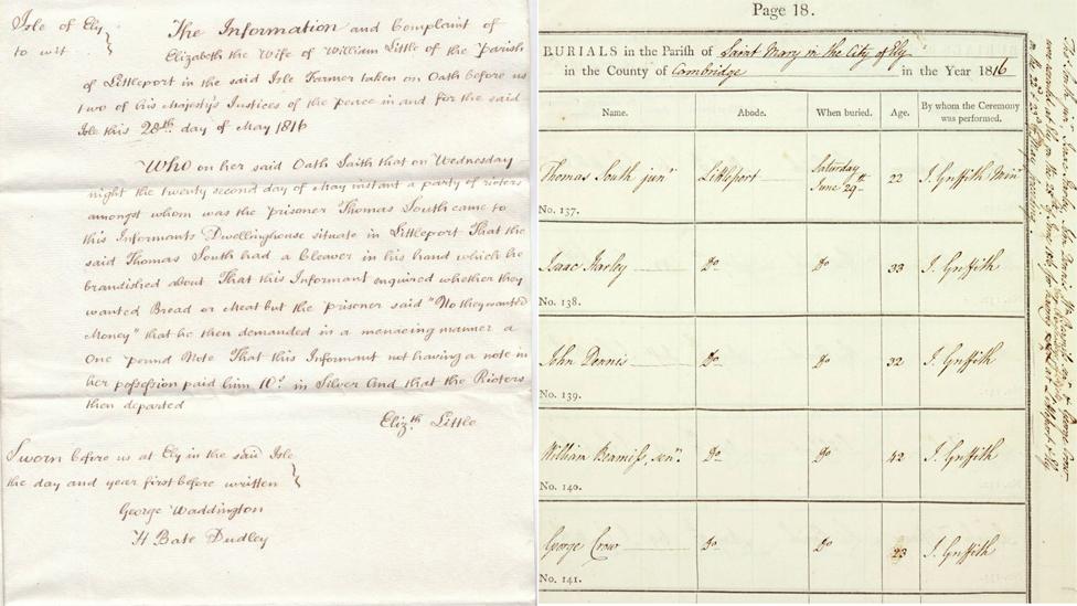 Witness account (left); Ely parish record listing executed men (right)