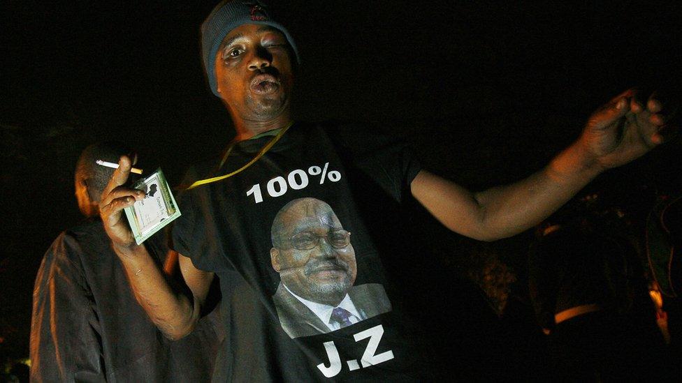 South Africa's ruling party ANC president Jacob Zuma's supporters sing and dance on August 3, 2008 in front of the Pietermaritzburg High Court on the eve of a Court hearing on Zuma's corruption case