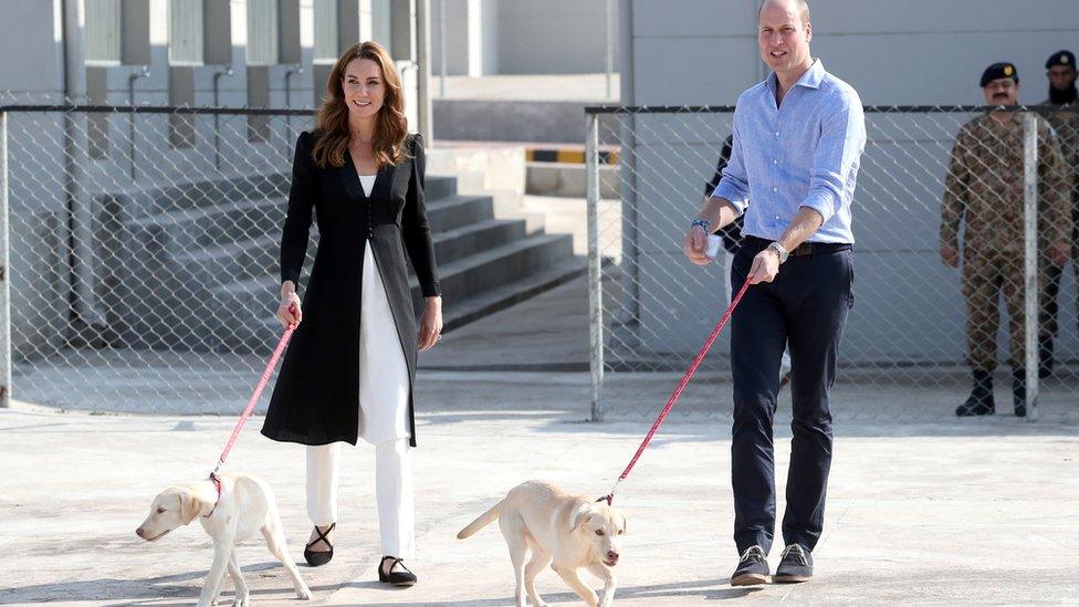 Catherine, Duchess of Cambridge and Prince William, Duke of Cambridge, play with golden labrador puppies Salto and Sky as they visit an Army Canine Centre, in Islamabad on 19 October 2019