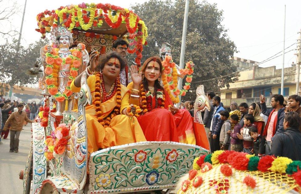 Congregations often arrive at the Kumbh on chariots