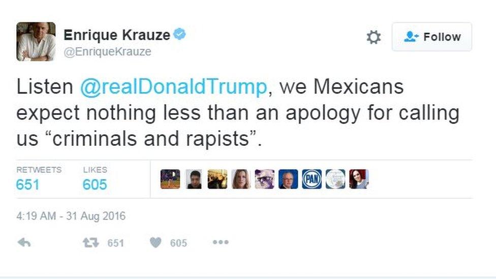 Tweet by Enrique Krauze reading "Listen @realDonald Trump, we Mexicans expect nothing less than an apology for calling us "criminals and rapists".