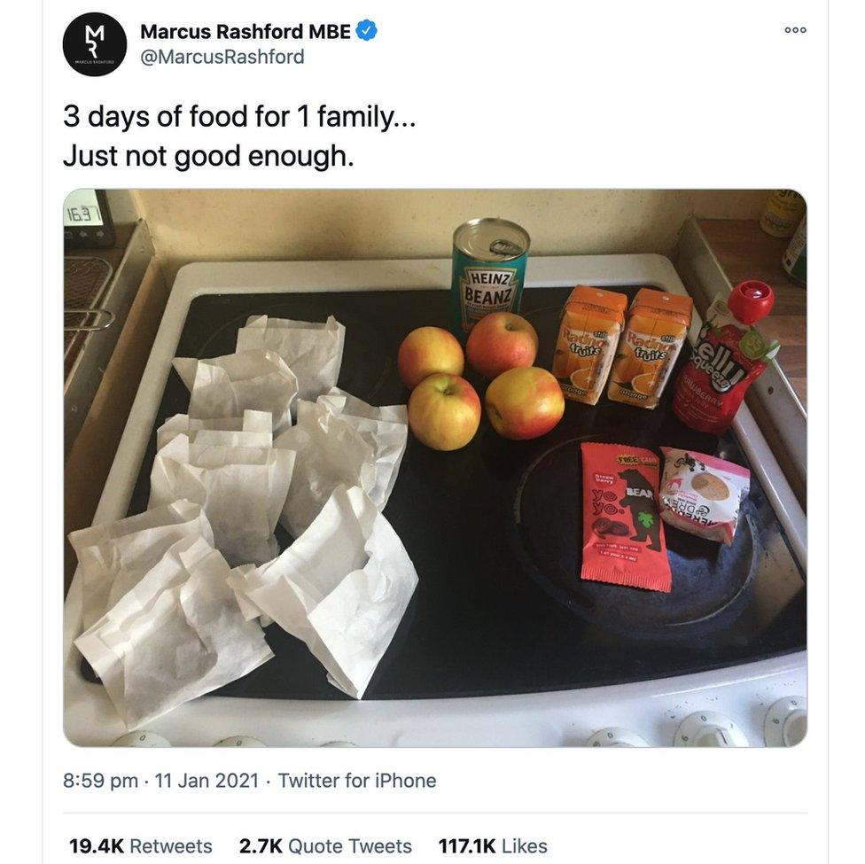 Marcus Rashford posts about food parcels on Twitter