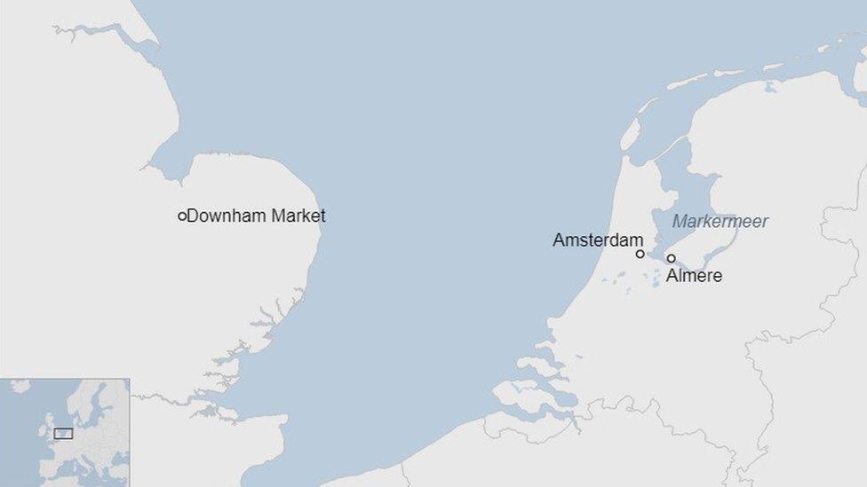 Map showing the Markermeer, Amsterdam and Downham Market