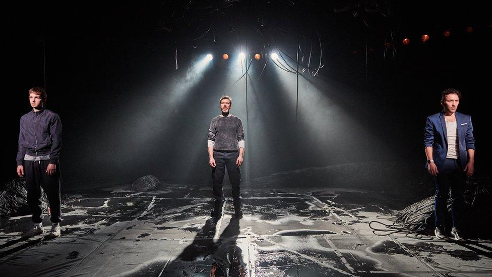 Actors Sion Daniel Young, Seán Gleeson and Richard Mylan on stage during Killology