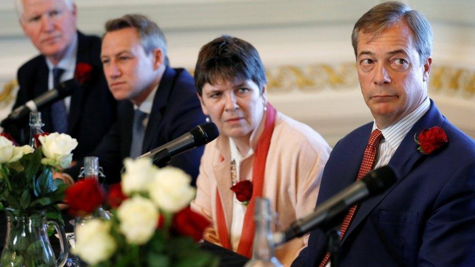 Nigel Farage, right, with Claire Fox, James Glancy and Matthew Patten, candidates of the Brexit Party