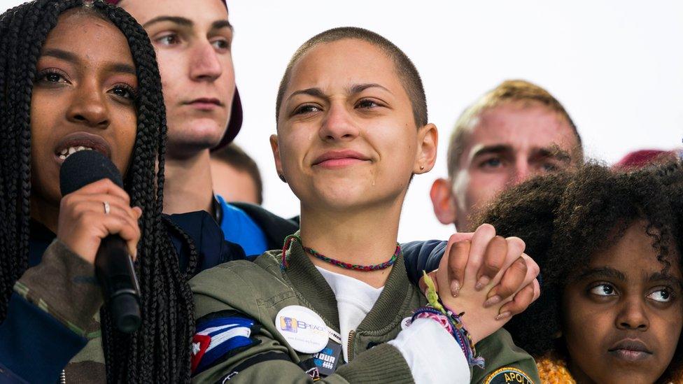 Emma Gonzalez (C), a survivor of the school shooting at Marjory Stoneman Douglas High School, cheers at the conclusion of the March For Our Lives in Washington, DC, USA, 24 March 2018.