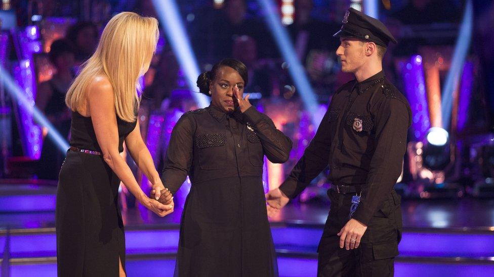 Tess Daly with Tameka Empson and her dance partner Gorka Marquez after she was voted off Strictly Come Dancing