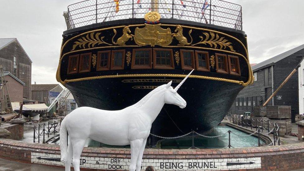 Image of unicorn in front of the SS Great Britain