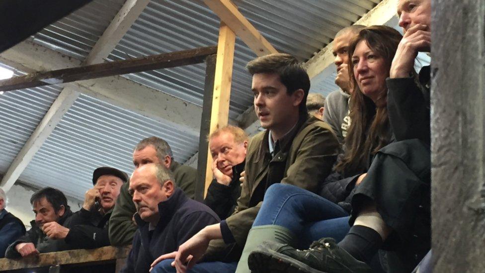 Tomos Dafydd Davies with farmers at Gaerwen cattle mart