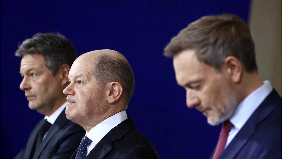 German Chancellor Olaf Scholz, Finance Minister Christian Lindner, and Economy and Climate Minister Robert Habeck