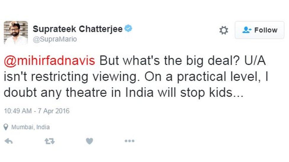 @mihirfadnavis But what's the big deal? U/A isn't restricting viewing. On a practical level, I doubt any theatre in India will stop kids...