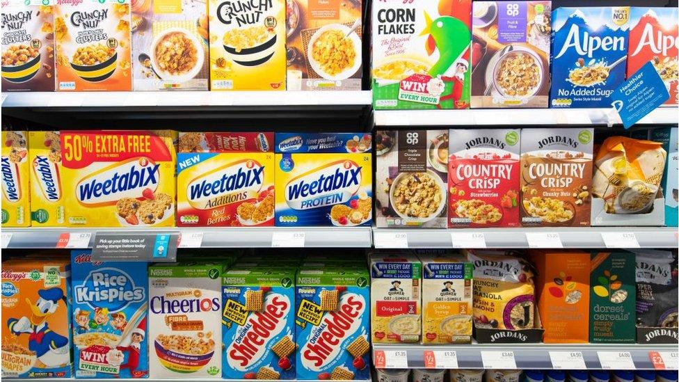 cereal boxes on shelves