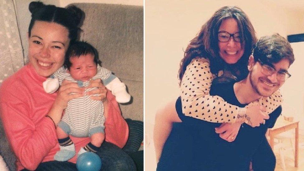 Elisabetta Zamboni with son Andrew Gray as a baby and in 2021